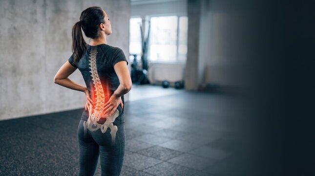 Woman holding lower back in pain at gym, female fitness trainer suffering from lumbar spine injury, medical of muscle strain or sciatica, human anatomy overlay showing skeleton