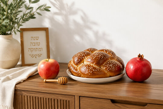 shofar. Apple, honey dipper, round challah bread and pomegranate on sideboard, New Year table styling concept, event programs.
