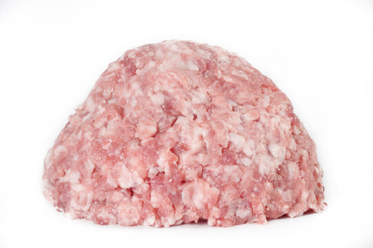 Raw minced pork on white background