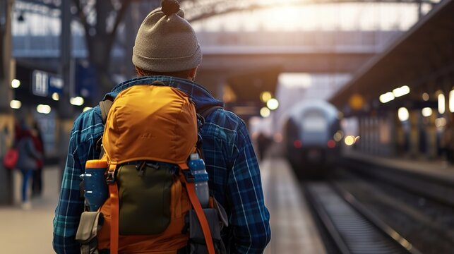 Traveler with Orange Backpack Standing on a Train Platform at Dusk, Watching the Tracks