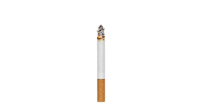 Burning cigarette with ash and glowing ember on a white background