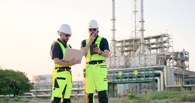 Petrochemical technician reviewing digital inspection report on laptop while refinery supervisor communicates through mobile device beside industrial pipeline processing facility