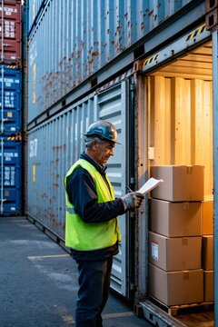 Warehouse worker counting inventory in shipping container yard