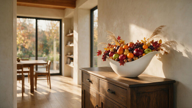 White ceramic cornucopia bowl with autumn fruits like apples, pears, and grapes on a wooden sideboard in a luxury modern living room. Thanksgiving harvest decor.