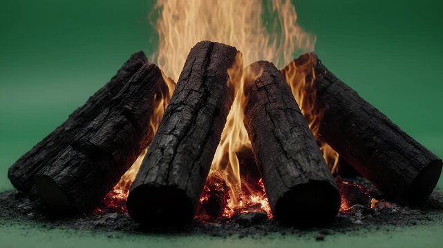 Cozy campfire with burning wooden logs and bright flames isolated on green screen background
