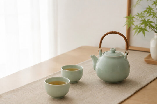 Celadon teapot and two cups on natural linen runner, serene tea time and home decor concept.