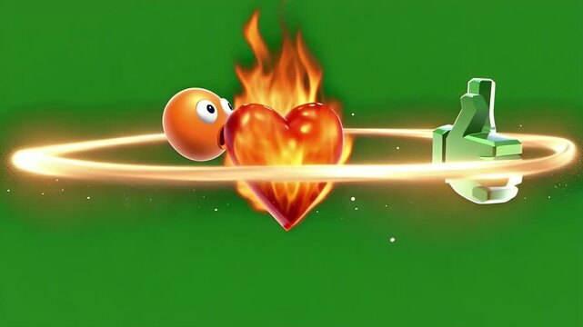 Orange character, flaming heart, thumbs-up icon, linked by golden glow, representing passion and approval on green backdrop