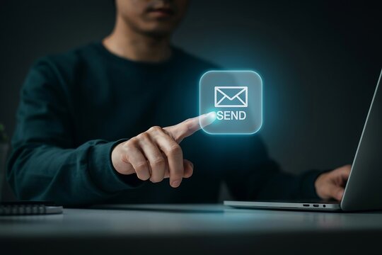Finger presses a glowing 'send' button on a digital interface, representing the act of sending an email.