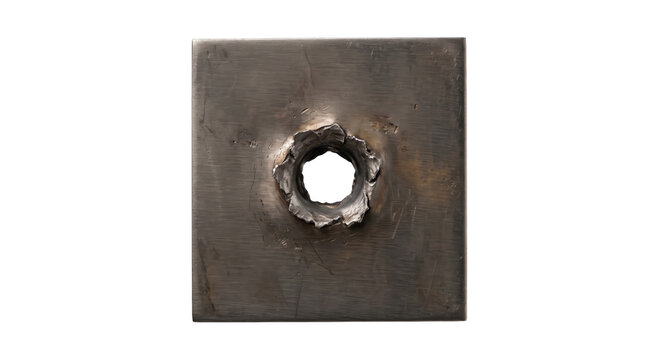Close-up of a metal plate with a jagged bullet hole in the center