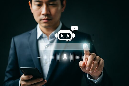 Man uses a smartphone while interacting with a chatbot interface, indicating ai-powered customer service.