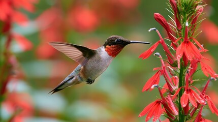 Naklejka premium Dynamic in-flight capture of a tiny hummingbird at Lobelia cardinalis blooms with vibrant red petals and soft background
