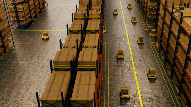 3D Illustration of Autonomous Mobile Robots Operating in a Modern Automated Warehouse with Shelving and Cardboard Boxes.