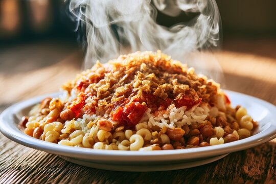 Egyptian kushari macro shot: hearty mix of grains, pasta and legumes with crispy onions on a clean plate