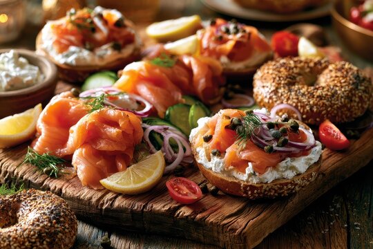 Elegant breakfast platter showcasing lox, bagels, and herb garnishes on a wooden tray