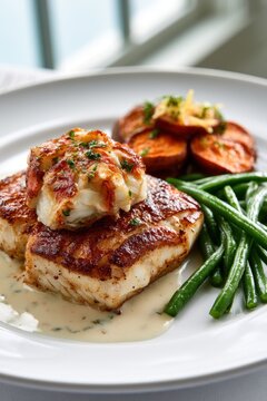 Elegant seafood plate: snapper fillet topped with crabmeat, beurre blanc, and crisp vegetables