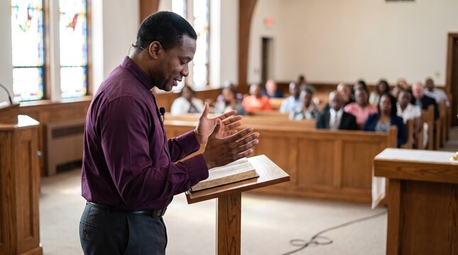 Generative AI, Black pastor preaching sermon from pulpit to church congregation
