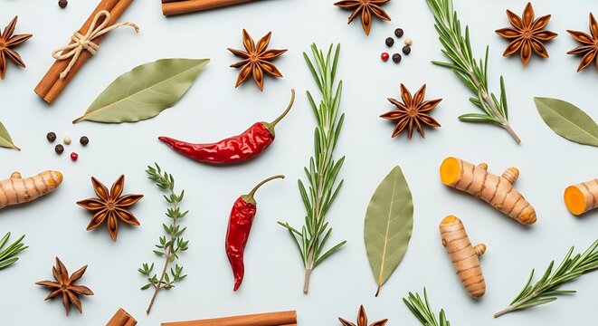 Overhead pattern of assorted culinary spices and herbs