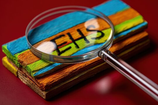 Environmental Health Safety Visual: Bold EHS Text on Painted Wood With Red Backdrop and Magnifier