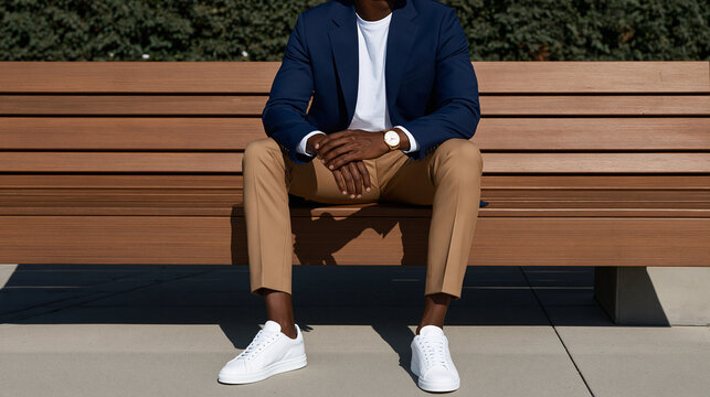 Young black man sitting on a bench in a stylish outfit outdoors  