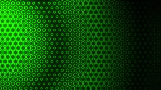 Glowing green hexagon  pattern abstract animated background with dark gradient surface texture and ambient lighting 4k video