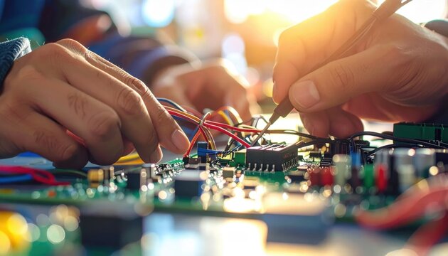 Technician hands using probe testing electronic circuit board for repair, hardware engineering and maintenance, digital diagnostics and manufacturing