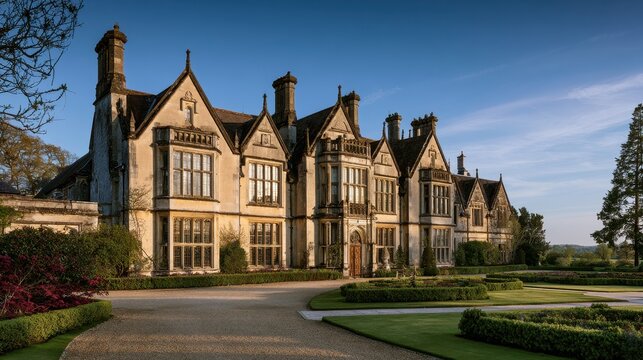 Exterior view of a grand Jacobethan manor in Hampshire, spring daylight, stone facade and formal gardens