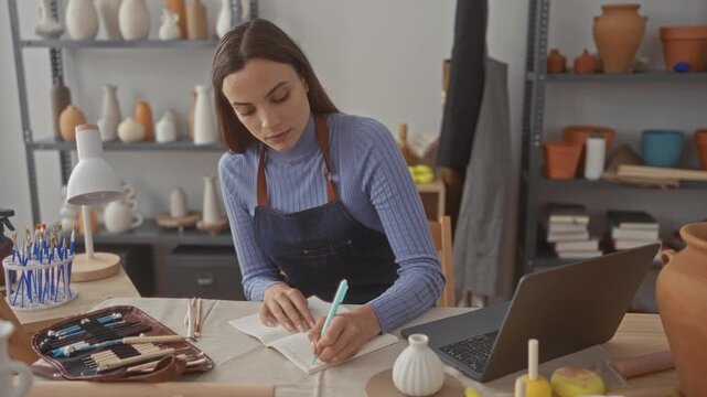Woman in apron writing with a pen in a notebook at an artisan pottery studio desk, hands on page near art tools and laptop; creative concentration.