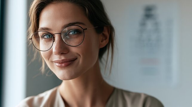 Eye care scene: close-up of a female wearing glasses with a chart in the background