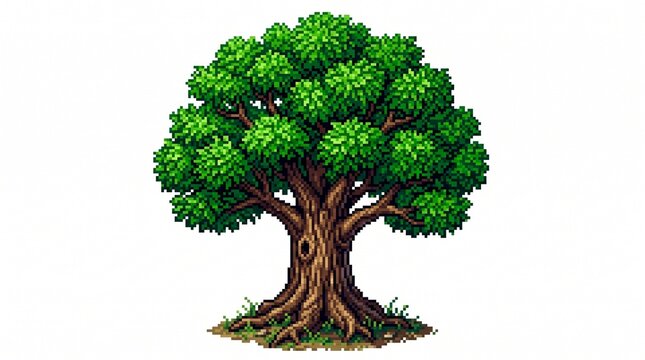 Beautiful pixel art oak tree with lush green leaves, detailed trunk, isolated game asset, clean pixel edges, transparent background, retro RPG style, vibrant colors
