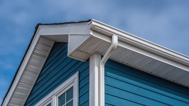 Exterior view of residential building with blue siding and white trim
