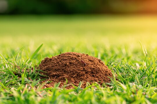 Fire ant mound in lush green grass with generous copy space on the right
