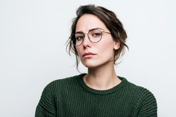 Obraz premium Focused gaze: woman wearing large eyewear in a green knit sweater against a white backdrop