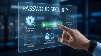 Fototapeta premium A business professional interacting with a futuristic cyber security holographic interface to manage digital password protection and data privacy