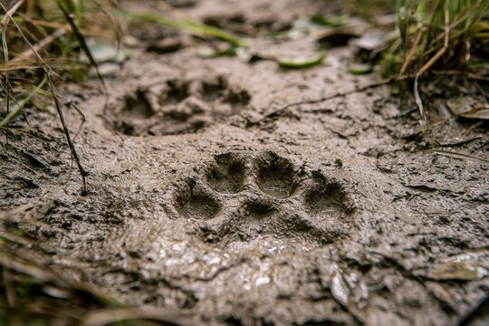 Fresh coyote paw prints in damp earth, detailed mud texture and natural light