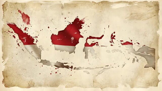 Waving Indonesia Flag Inside a Watercolor Grunge Map of the Archipelago