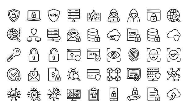 Professional Cyber Security Linear Icon Collection with Firewall VPN Encryption and Digital Privacy Editable Vector Set
