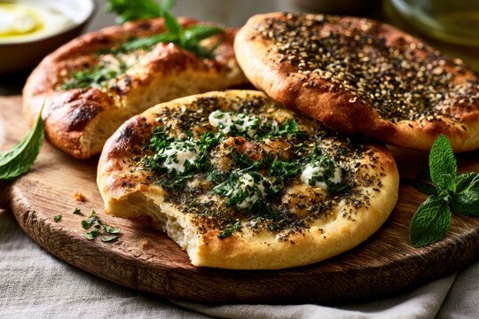 Freshly Baked Zaatar and Thyme Manoushe with Mint Garnish and Creamy Labneh