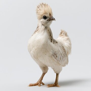 Front-facing Chabo chicken on a clean white background with a curious head tilt