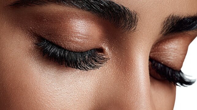 Close up of closed eyes with long eyelashes and defined eyebrows