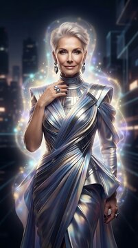 Elegant woman in a futuristic silver dress posing in a high-tech setting