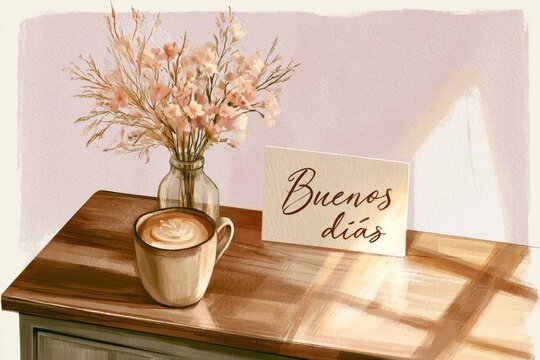 Gentle morning illustration of coffee, flowers, and a cheerful 'Buenos d&Atilde;&shy;as' card