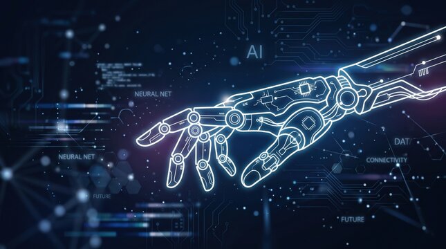 Robotic hand reaches out to touch glowing neural network data connections.