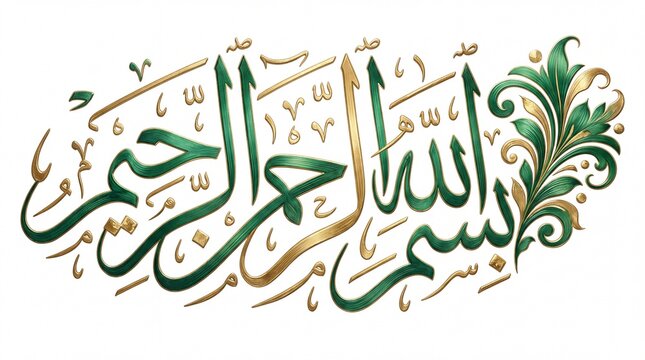 Arabic calligraphy Bismillah in gold and green, Islamic art for Ramadan and Eid, elegant religious script with floral ornaments on white background