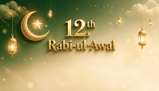 Elegant 12th Rabi ul Awal 2026 Islamic Greeting Card with Golden Crescent Moon, Hanging Lanterns, Clouds, Glowing Lights and Green Background for Eid Milad un Nabi Mubarak Celebration