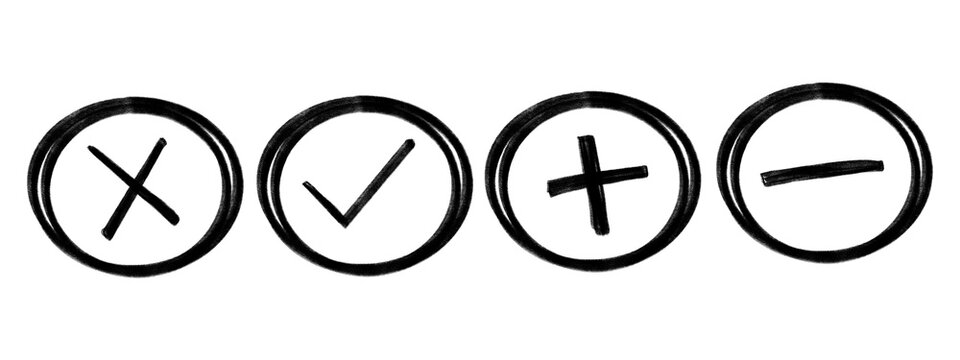 Four common symbols icons check add plus and minus signs isolated, PNG background