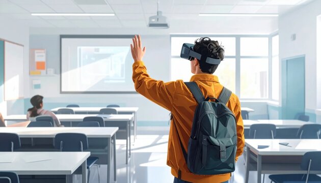 student wearing vr headset in classroom, exploring digital learning, interactive technology, educational innovation, immersive simulation