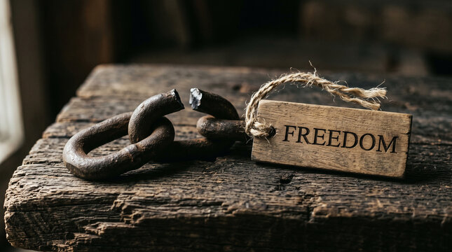 Broken metal chain link connected to small wooden tag with displays fractured heavy attached rustic wooden word freedom engraved close up transformation determination