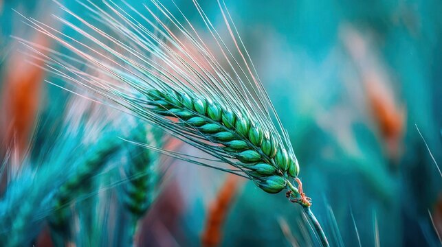 Close up of vibrant green wheat stalks with soft diffused lighting and blue tones