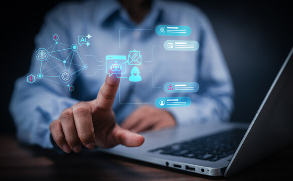 AI phishing and botnet cyber threat concept, user identifying malicious email and hacker attack on virtual network dashboard.