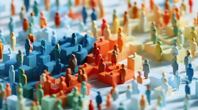 Demographic mapping multicolored characters social analysis population insights organizational planning strategic framework flat design top view business growth theme 3D render Split complementary 